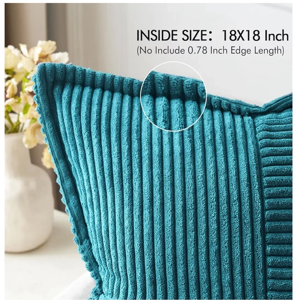 ‘Car Home Office Outdoors’ Striped Patchwork Corduroy Pillow Covers TEAL BLUE